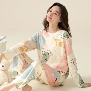 睡衣女春秋季純棉長袖卡通套裝高級感秋冬薄款可愛外穿韓范家居服