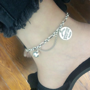 新款夏季風純銀流蘇拼接圓牌高級感時尚腳鏈女百搭轉運足鏈小眾