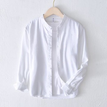 春秋男長袖亞麻襯衫復古休閑立領寬松純色襯衣青中年棉麻工裝寸衫