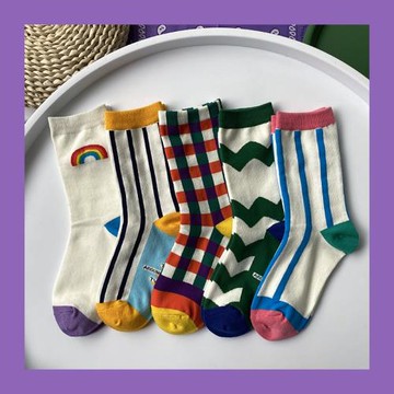 條紋彩虹中筒襪子女彩色棉襪 ins潮高腰長筒可愛百搭網紅秋冬襪子