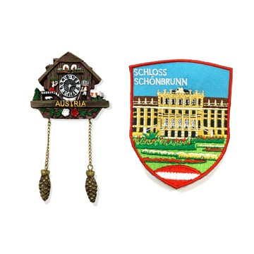 奧地利松果咕咕鐘可愛磁鐵+奧地利 美泉宮刺繡布標【2件組】特色地標 3D立體 冰箱貼 美式風格 創意貼 療癒小物 IG打卡地標