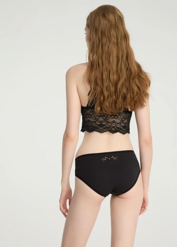 Living with Cats．花邊中腰三角內褲(黑-刺繡黑貓)