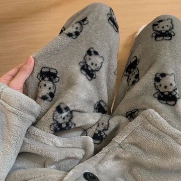 珊瑚絨睡褲女秋冬季加厚保暖法蘭絨長褲子可外穿休閑家居服套裝