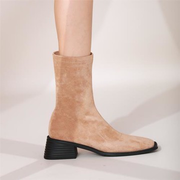 彈力靴子女2023新款方頭粗跟秋冬季網紅爆款百搭瘦瘦女款短靴女靴