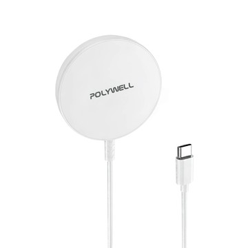 POLYWELL 寶利威爾 15W無線磁吸充電盤 適用MagSafe/iPhone/Airpods/Qi充電 USB-C 1.2m  白色  1個