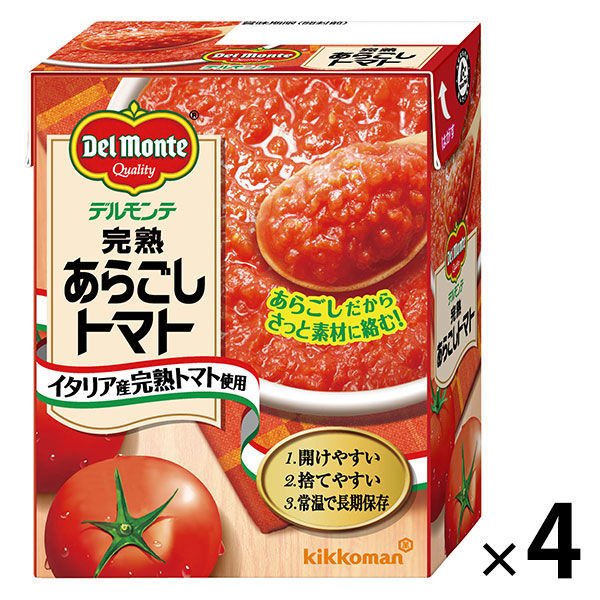 キッコーマン食品デルモンテ　完熟あらごしトマト（紙パック）388g　南欧産完熟トマト使用　1セット（4個）　素材缶詰（トマト）　キッコーマン