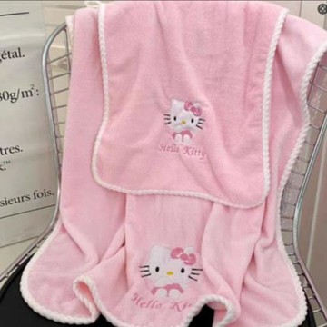 kt凱蒂貓卡通珊瑚絨浴巾可愛刺繡兒童家用吸水裹巾柔軟毛巾三件套