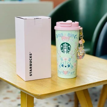 星巴克杯子2026新年禮物復古清新薄荷綠粉碎花春日花開雙飲口不鏽鋼桌面隨行杯