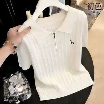 初色 韓系純色POLO領半拉鍊短袖斑馬刺繡麻花紋針織T恤上衣女上衣-共2色-50863(F可選)