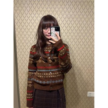 港味復古費爾島短款圓領針織開衫女秋冬學院慵懶風顯瘦條紋毛衣潮