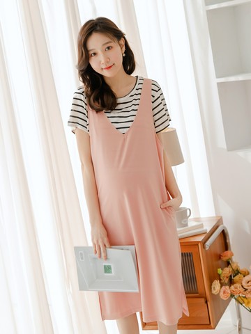質感條紋V領假兩件吊帶哺乳/孕婦洋裝