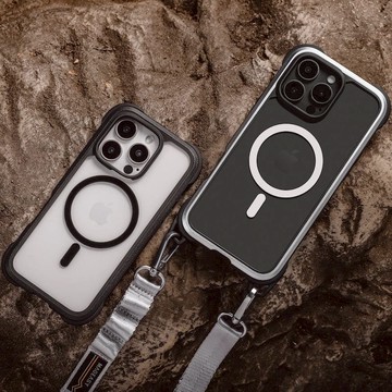 iPhone16 Odyssey Strap M 超軍規防摔磁吸掛繩手機殼 (支援MagSafe) 金屬銀+銀河灰掛繩/6.1 Pro