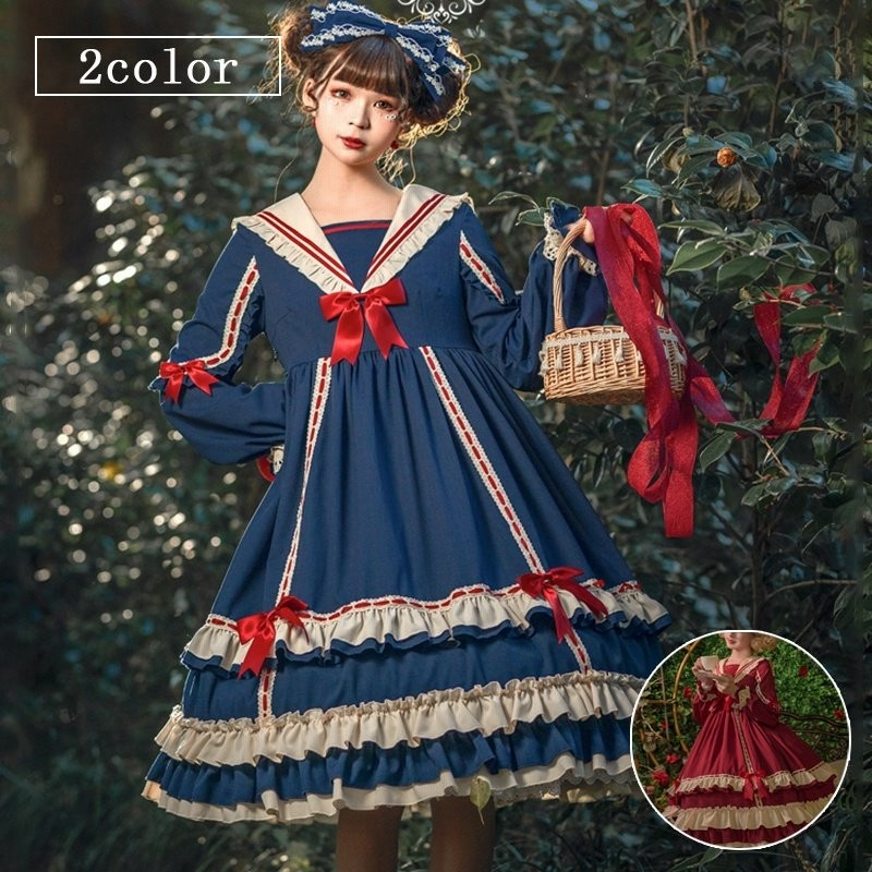 長袖ワンピース ロリータ服 ドレス フリルロリータ風ワンピ ロリータワンピース ゴシックロリータドレス 膝丈 ミモレ丈 可愛い お姫様 ドレス リボン Lolita 通販 Lineポイント最大0 5 Get Lineショッピング