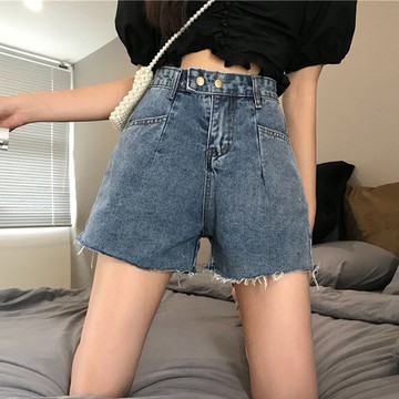 夏季新款韓版寬松百搭學生牛仔短褲高腰顯瘦毛邊闊腿褲熱褲女1入