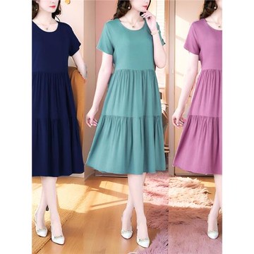 外貿棉綢連衣裙新款外穿夏天薄款寬松收腰遮肚子媽媽氣質裙子純色