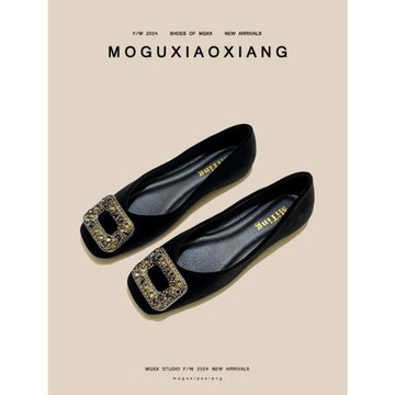 【MOGU小象】2024春季新款方頭淺口軟底晚晚鞋復古方扣平底單鞋女
