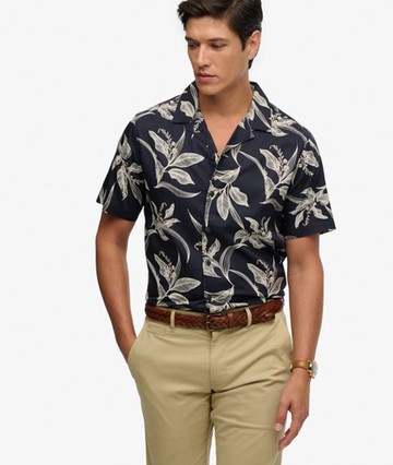 Superdry Men's Hawaiian Print Short Sleeve Shirt Navy Size: M