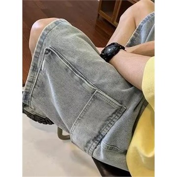 夏季松緊腰復古水洗五分褲男高街韓版工裝牛仔短褲男休閑寬松中褲