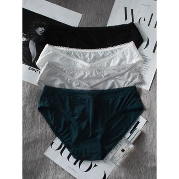 夏季薄款簡約冰絲內褲女無痕透氣絲滑蕾絲中低腰三角褲速干大碼黑