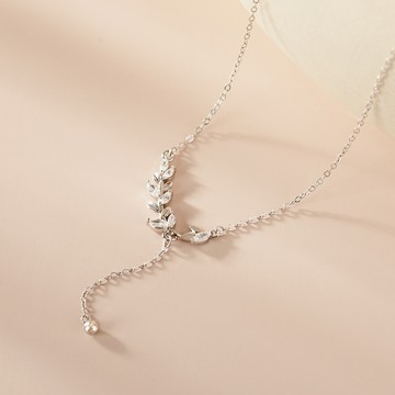 [999足銀]繁星葉影鑲鑽垂吊項鍊【SL1069】-銀