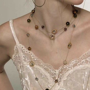 【台灣公司 可打統編】免運 歐美三層流蘇夜風鈴繞式項鏈疊鏈女復古小眾氣質法式圓球串珠頸鏈 可開發票 全館五折 工廠現貨直銷 新品特價 z9211