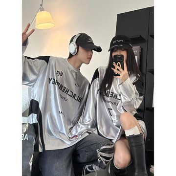 美式復古街頭t恤男女秋季長袖oversize銀色運動風球衣潮情侶上衣