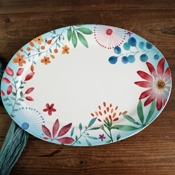 多彩花朵陶瓷橢圓盤子 41厘米大號魚盤 家用餐具菜盤裝飾掛盤