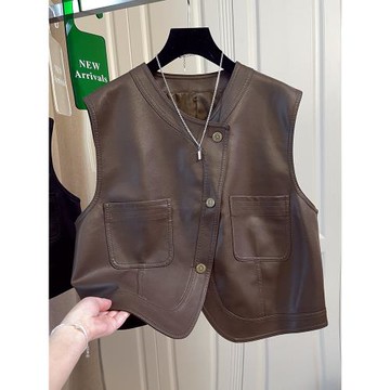 港風時尚V領坎肩皮衣馬甲女2025早春新款不規則疊穿無袖馬夾外套