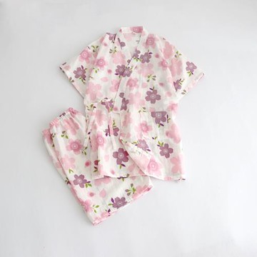 日系簡約和服睡衣女夏季短袖短褲寬松大碼純棉紗家居服套裝汗蒸服