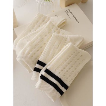 棉的鏤空4雙~襪子女中筒夏季薄款網眼jk黑白學生少女棉襪純色堆堆