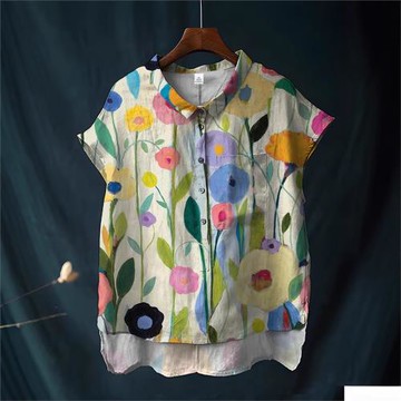 跨境外貿夏季新款女裝亞馬遜Temu時尚印花半開衫大碼寬松無袖襯衫