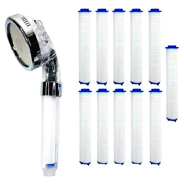 sootella 三段式過濾增壓蓮蓬頭組 含11個濾芯 - 高效纖維濾芯 精密雷射雕刻出水孔  透明色 + 銀色  1組