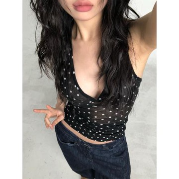 gusty韓系甜辣chic波點掛脖吊帶背心女y2k澀谷辣妹露背綁帶上衣夏