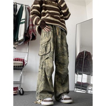 迷彩工裝牛仔褲男秋冬新款美式vibe高街痞帥寬松直筒闊腿休閑長褲