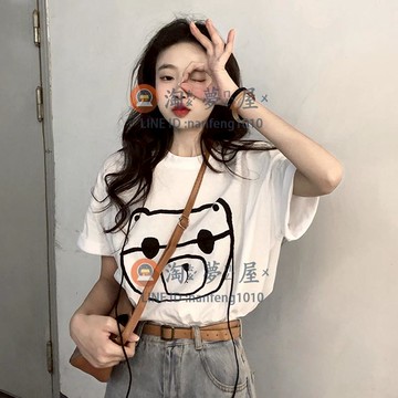 小熊T恤女設計感小眾春裝韓版 白色寬松別致短袖上衣【淘夢屋】