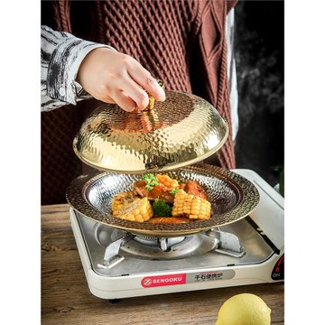 304不銹鋼西班牙海鮮干鍋木底座套裝帶鍋蓋不銹鋼隔熱提手平底鍋