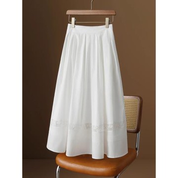 糖罐子原創設計 法式復古白色純棉半身裙女a字蕾絲鏤空拼接中長裙