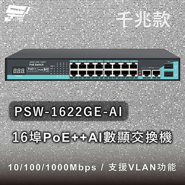 昌運監視器 PSW-1622GE-AI 16埠千兆款PoE++ AI數顯交換機 10/100/1000Mbps