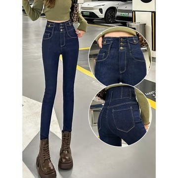 丹寧藍超高腰緊身小腳牛仔褲女2026夏季排扣收腹顯瘦提臀鉛筆褲子