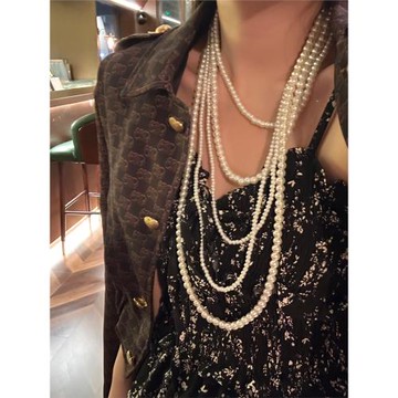 秋冬復古時尚高級感珍珠多層疊搭項鏈氣質長頸鏈毛衣鏈2025年新款