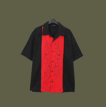 Back to Green-圖騰短袖襯衫 黑紅相間 雞尾酒女郎 vintage shirt