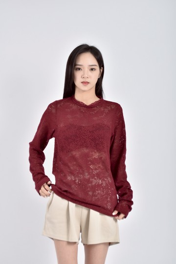 (M) lowrys farm質感棉質針織鏤空花紋紅色長袖上衣