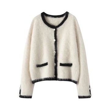 heChe |小香風拉絨A規baby100%純山羊絨針織開衫女圓領拼色外套