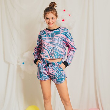 電音節拍 針織長袖家居服套組 / 粉藍