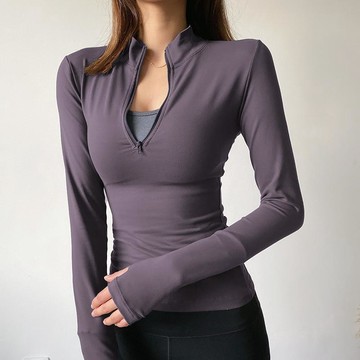 立領半拉鍊上衣女 長袖合身款 拇指孔袖口設計 瑜珈健身運動服 皮拉提斯瑜伽服 素面百搭慢跑上衣 女款日常休閒上衣