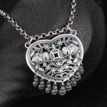 純銀吊墜女99足銀復古小象錢幣流蘇愛心吊墜鏤空毛衣掛墜掛件雙環