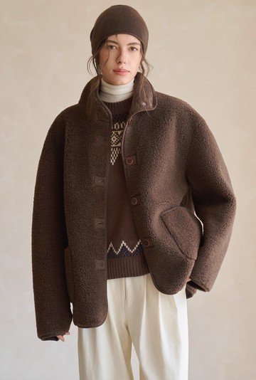 法式極簡 環保皮草保暖上衣 巴恩風麂皮大衣外套