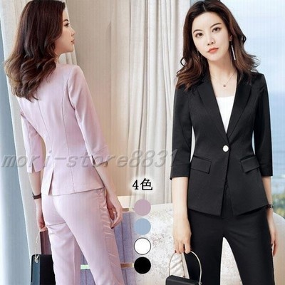 韓国ファッション レディース 七分袖 リクルートスーツ 一つボタン 無地 オフィススーツ 通勤 Ol 2点 通販 Lineポイント最大get Lineショッピング