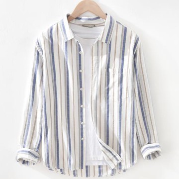 春夏棉麻長袖襯衫男士日系襯衣外穿休閑條紋亞麻寬松薄款上衣男裝