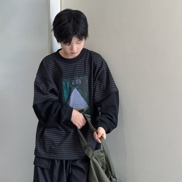 【中大男童】街頭條紋印花假2件上衣